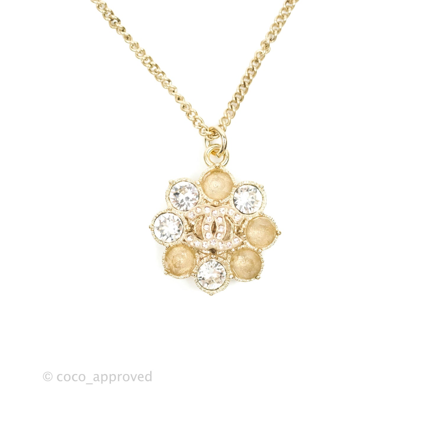 Chanel Crystal Flower CC Pendant Necklace Gold