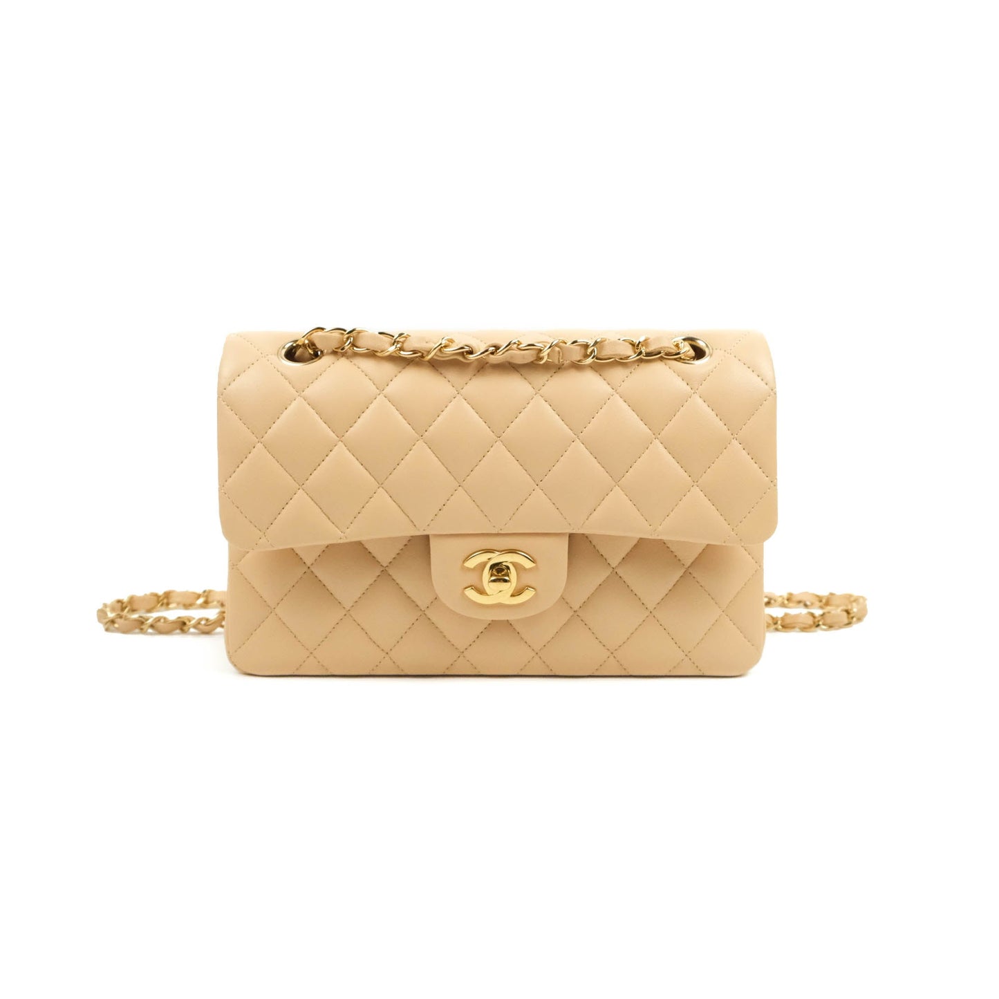 Chanel Classic Small S/M Quilted Flap Beige Lambskin Gold Hardware