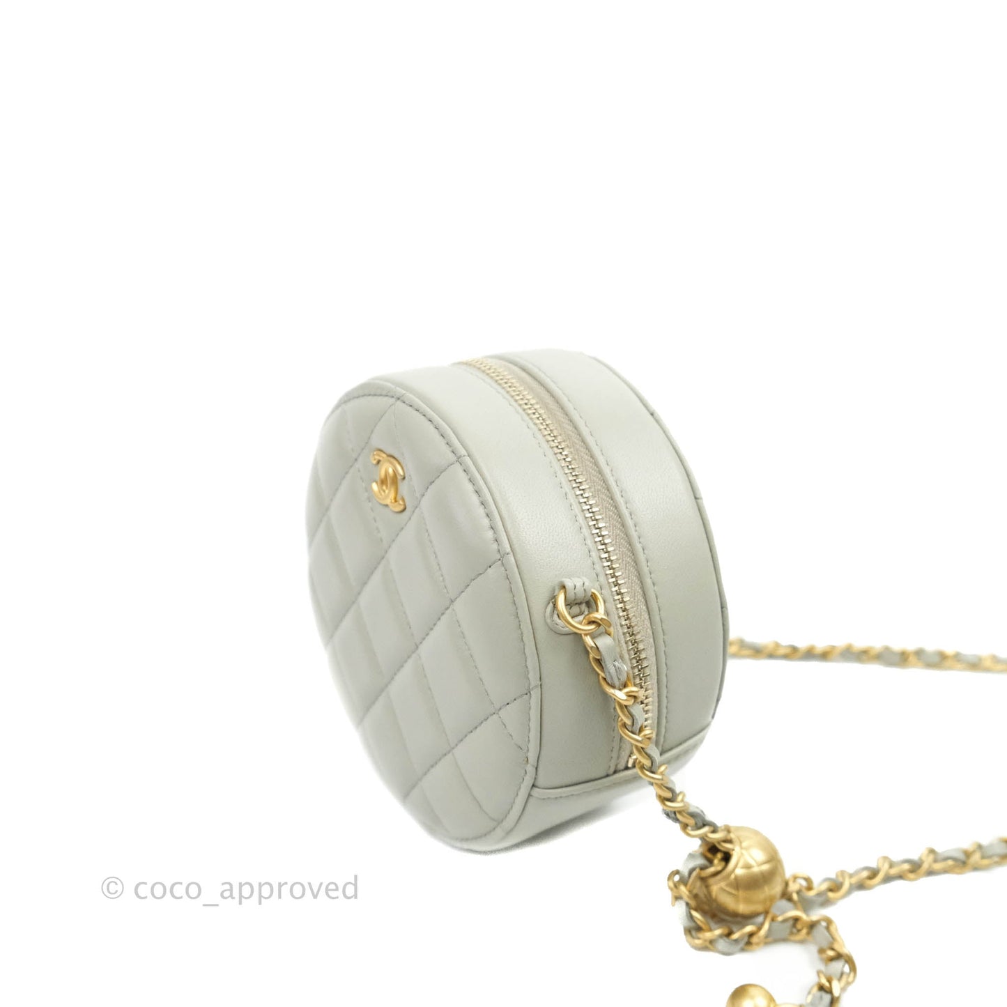 Chanel Quilted Round Pearl Crush Clutch With Chain Grey Lambskin Aged Gold Hardware