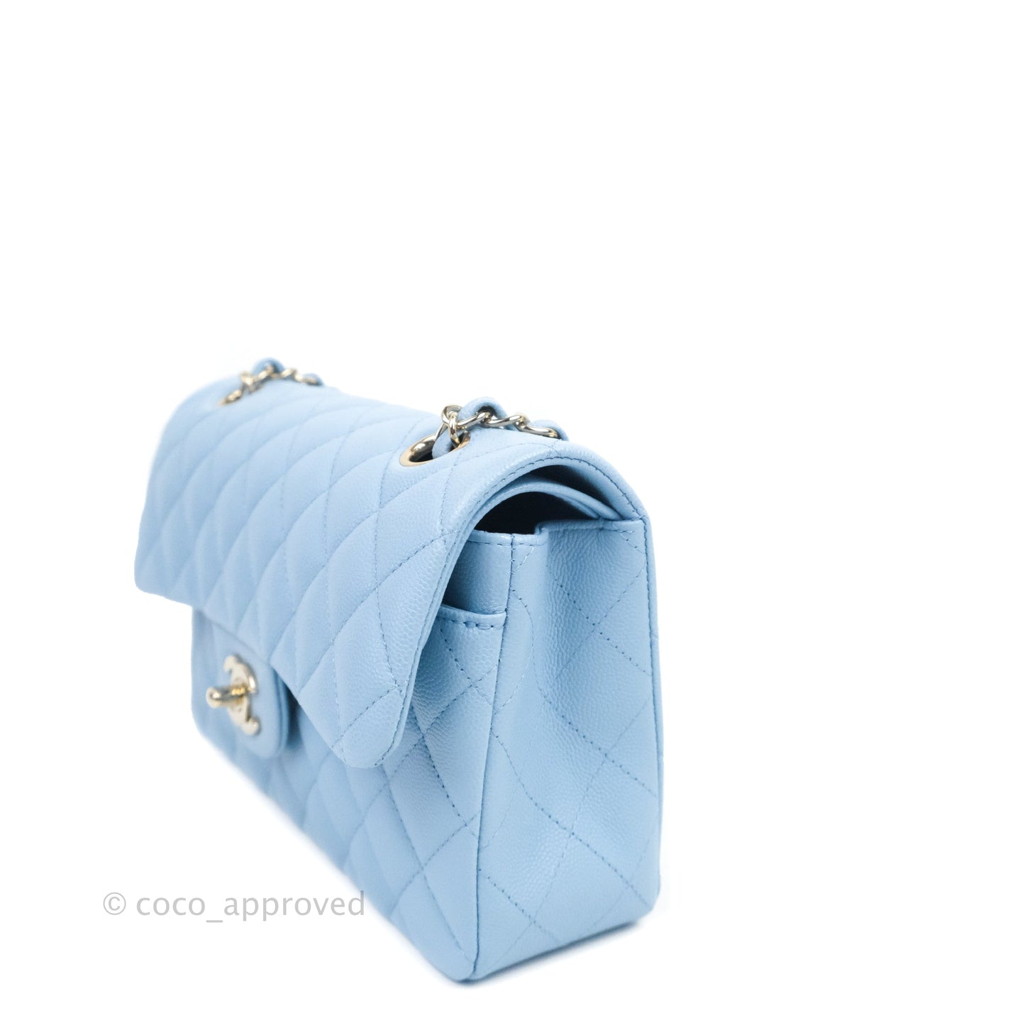Chanel Small Classic Quilted Flap Light Blue Caviar Gold Hardware