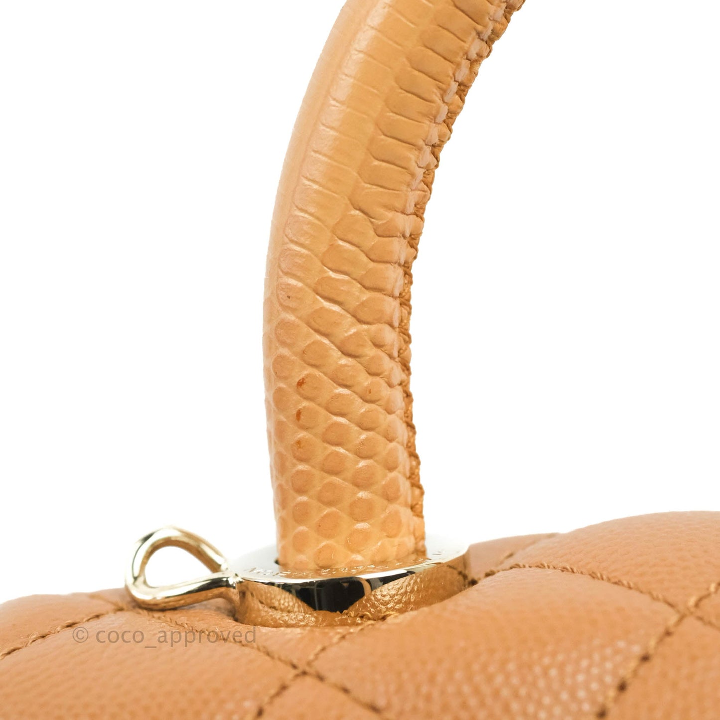Chanel Mini Coco Handle Quilted Dark Beige Caramel Caviar Lizard Embossed Handle Gold Hardware