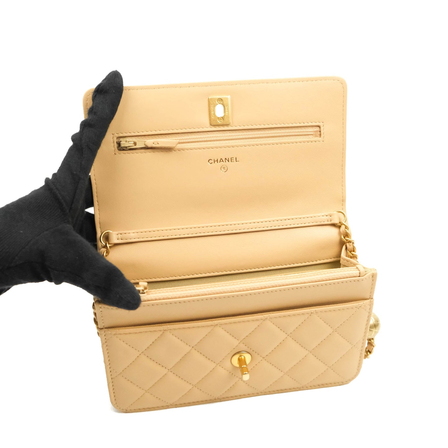Chanel Quilted Pearl Crush Wallet on Chain WOC Beige Lambskin Aged Gold Hardware