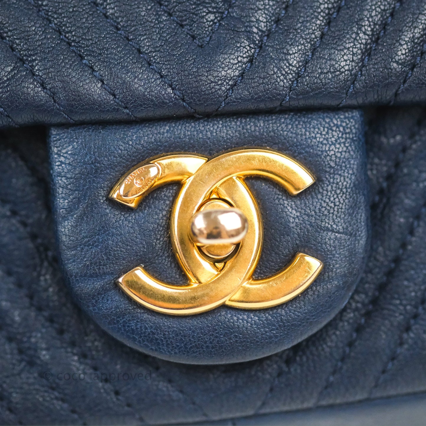 Chanel Small Chevron Surpique Flap Navy Calfskin Aged Gold Hardware
