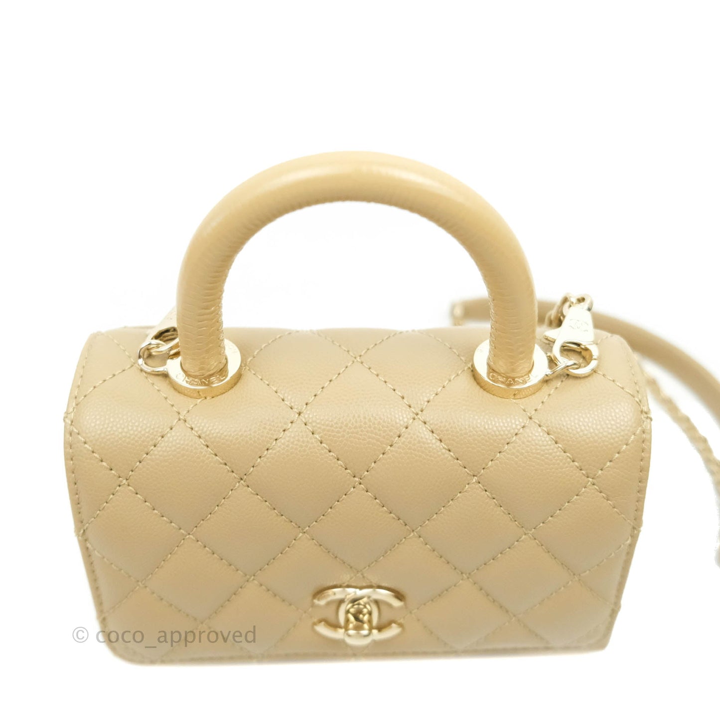 Chanel Mini Beige Coco Handle Quilted Caviar Gold Hardware Embossed Lizard Handle 21A