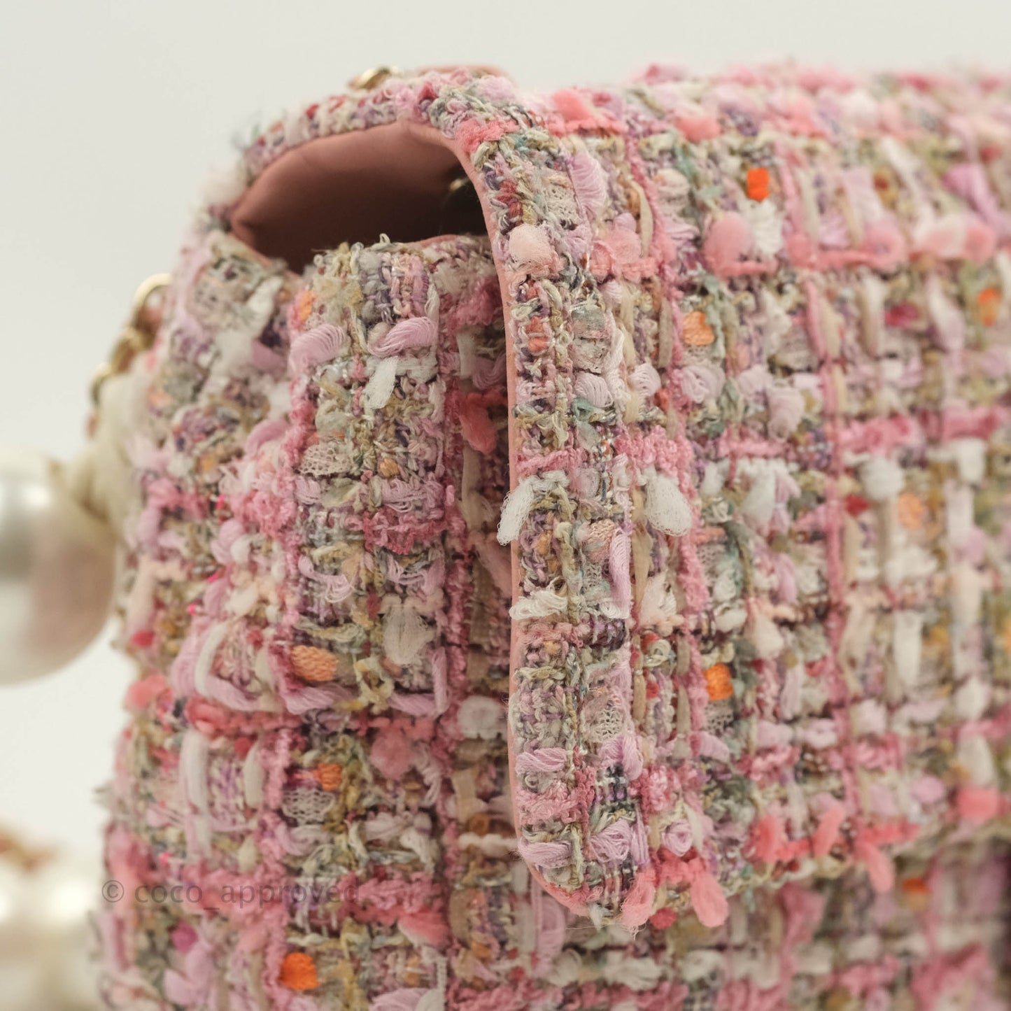Chanel Medium Pink Tweed Flap Bag With Large Pearl Handle Gold Hardware