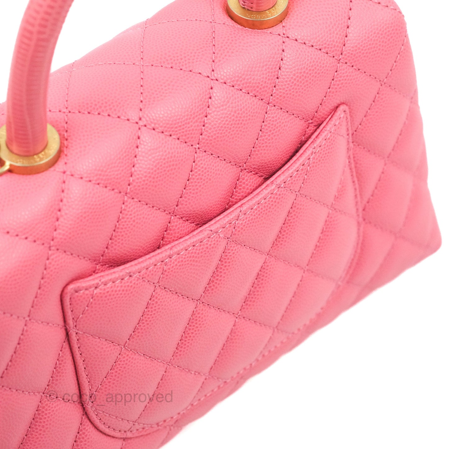 Chanel Small Coco Handle Quilted Pink Caviar Aged Gold Hardware Lizard Embossed Handle