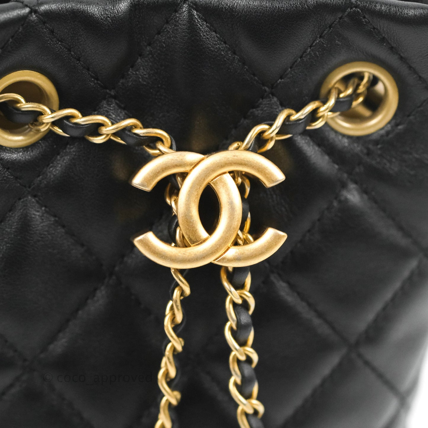 Chanel Pearl Crush Bucket Bag Black Lambskin Aged Gold Hardware 22S