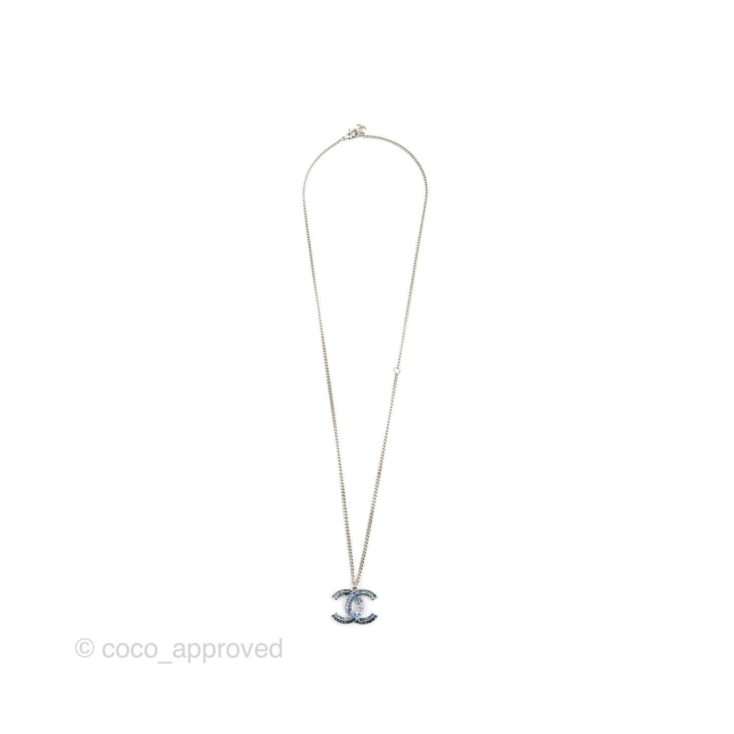 Chanel CC Blue Crystal Necklace Silver Tone 15P