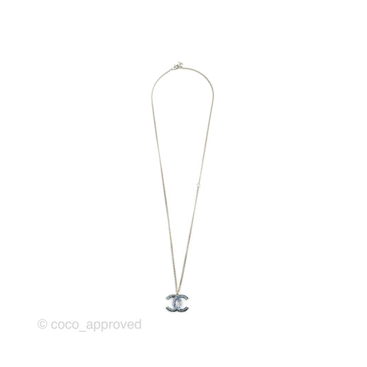 Chanel CC Blue Crystal Necklace Silver Tone 15P