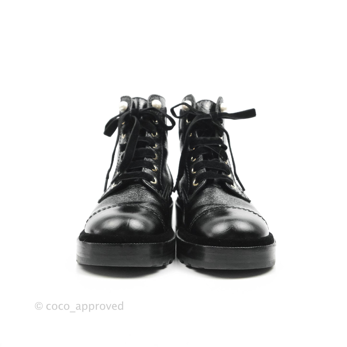 Chanel CC Pearl Crumpled Glazed Black Calfskin Combat Boots with Velvet Laces