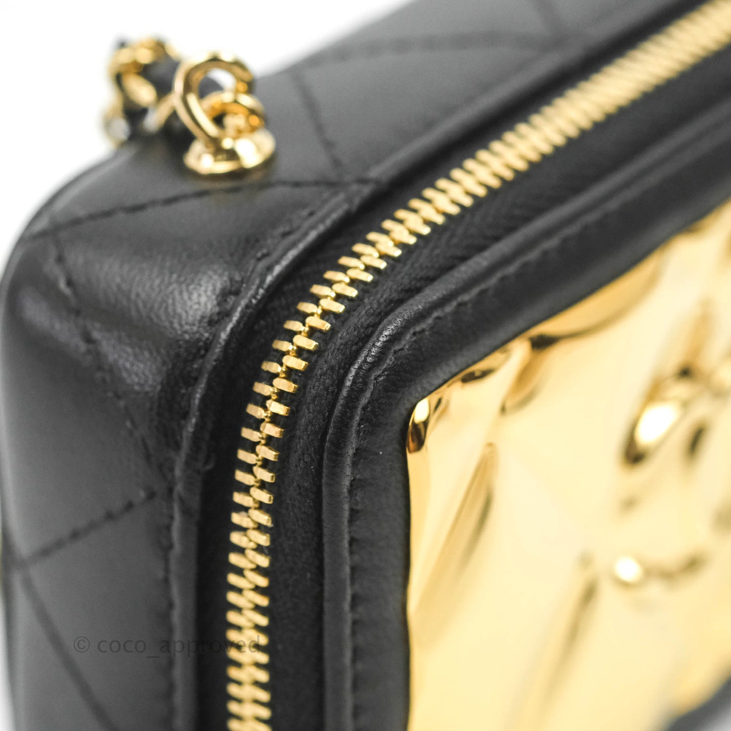 Chanel Metal Quilted Extra Mini Vanity Case With Chain Black Gold Lambskin