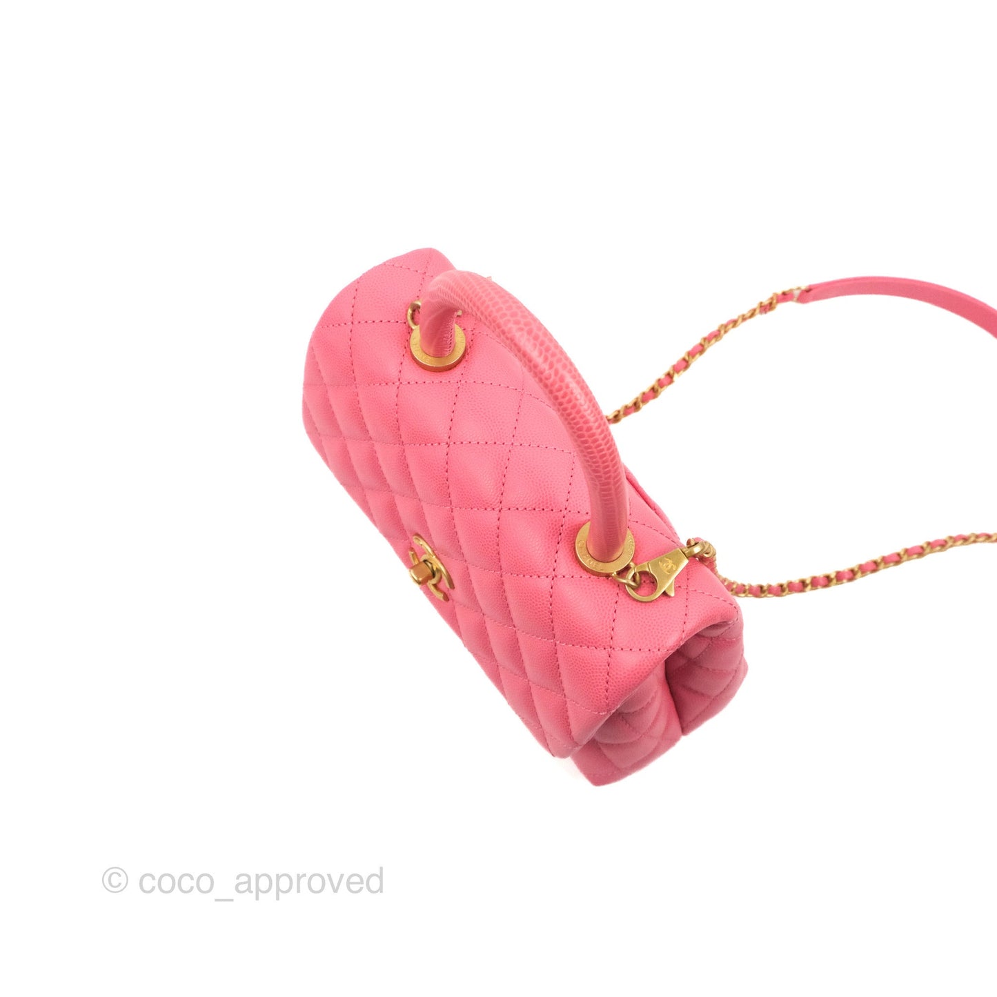 Chanel Small Coco Handle Quilted Pink Caviar Aged Gold Hardware Lizard Embossed Handle