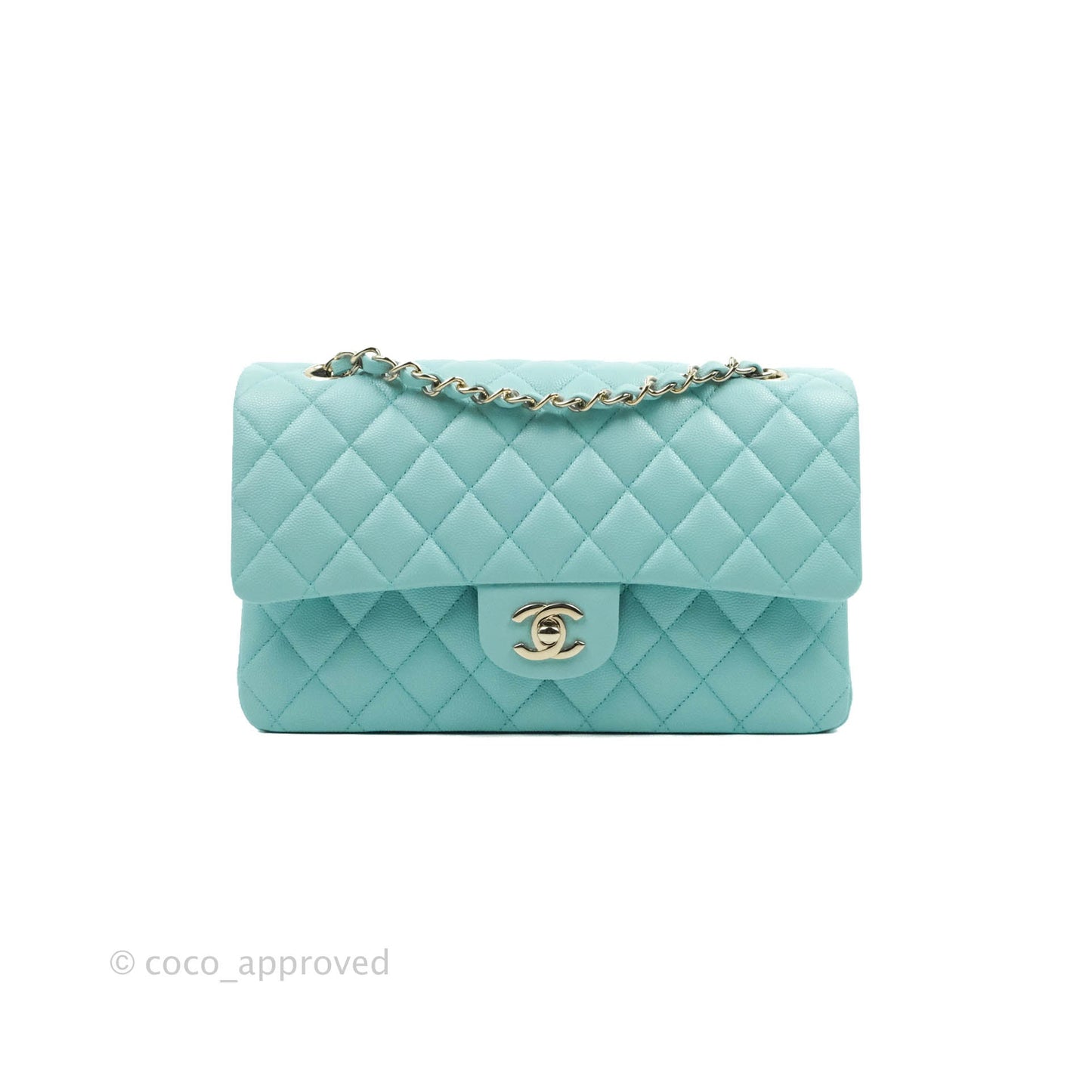 Chanel Classic M/L Medium Flap Quilted Tiffany Blue Caviar Gold Hardware