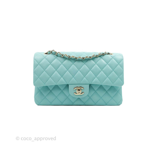 Chanel Classic M/L Medium Flap Quilted Tiffany Blue Caviar Gold Hardware