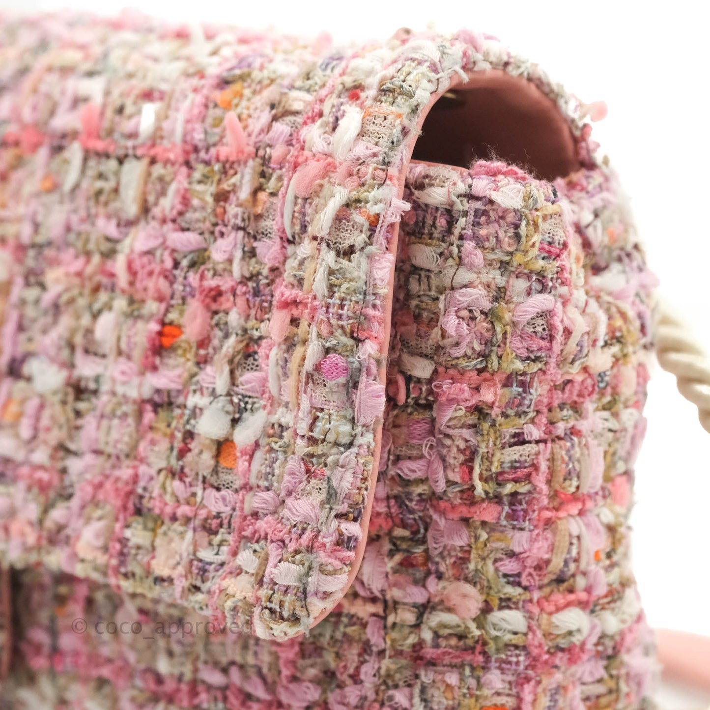 Chanel Medium Pink Tweed Flap Bag With Large Pearl Handle Gold Hardware