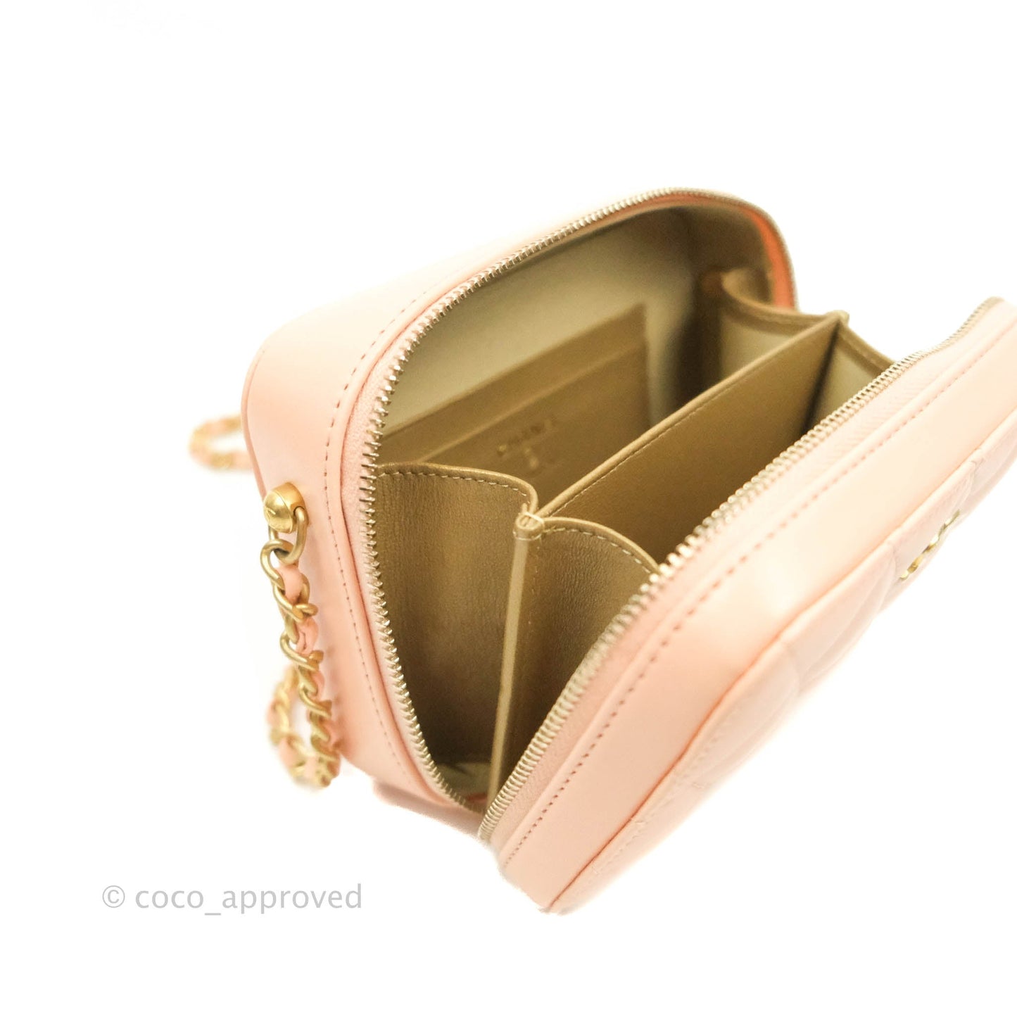 Chanel Mini Pearl Crush Quilted Camera Case Beige Pink Lambskin Aged Gold Hardware