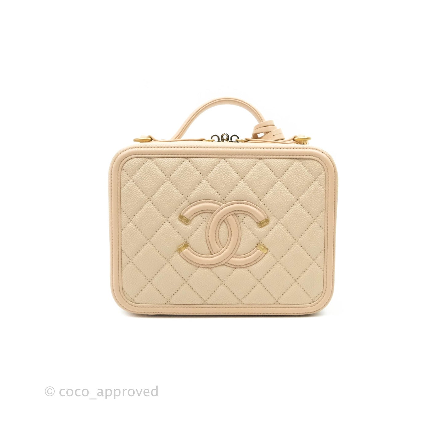 Chanel Quilted Medium CC Filigree Vanity Case Light Beige Caviar Aged Gold Hardware