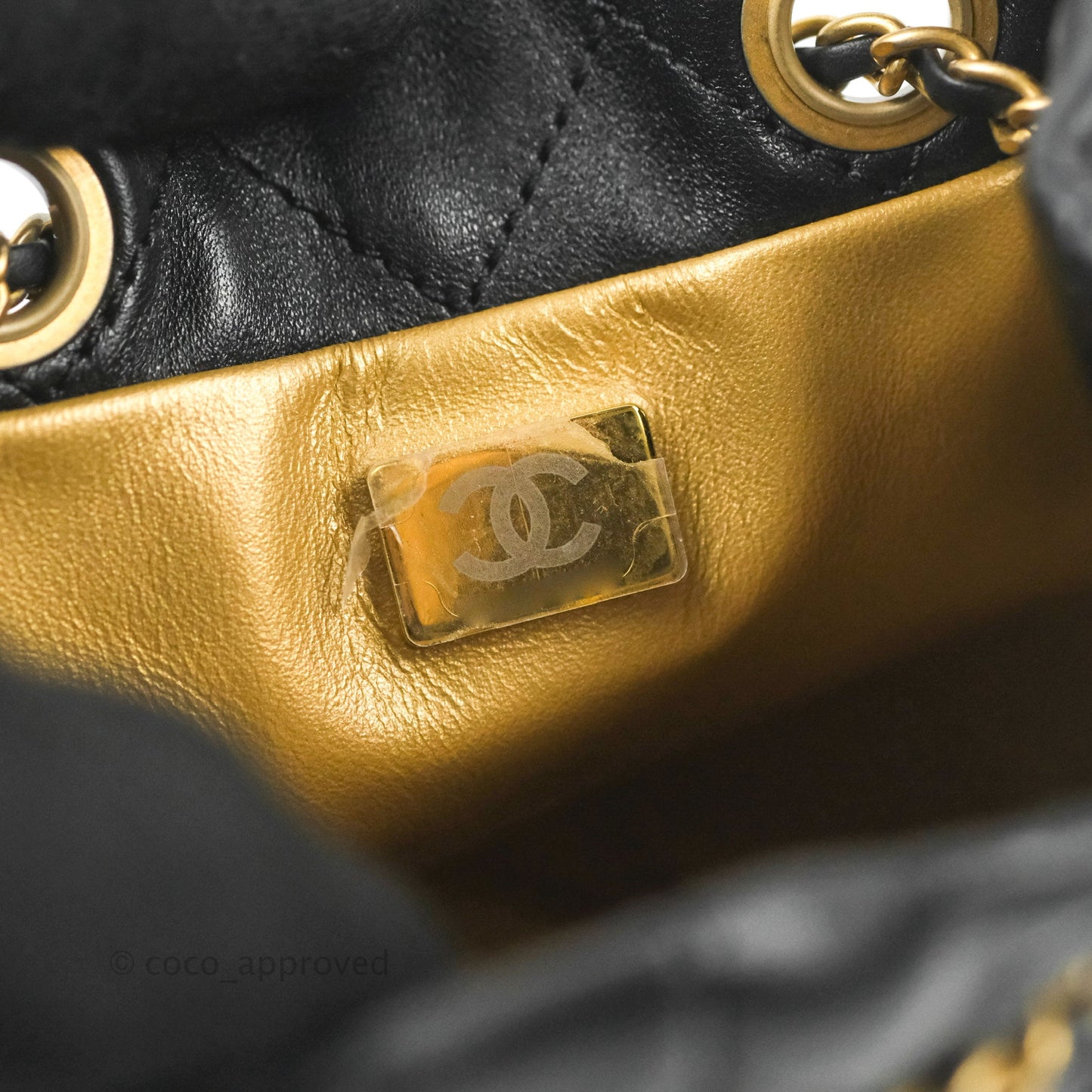 Chanel Pearl Crush Bucket Bag Black Lambskin Aged Gold Hardware 22S