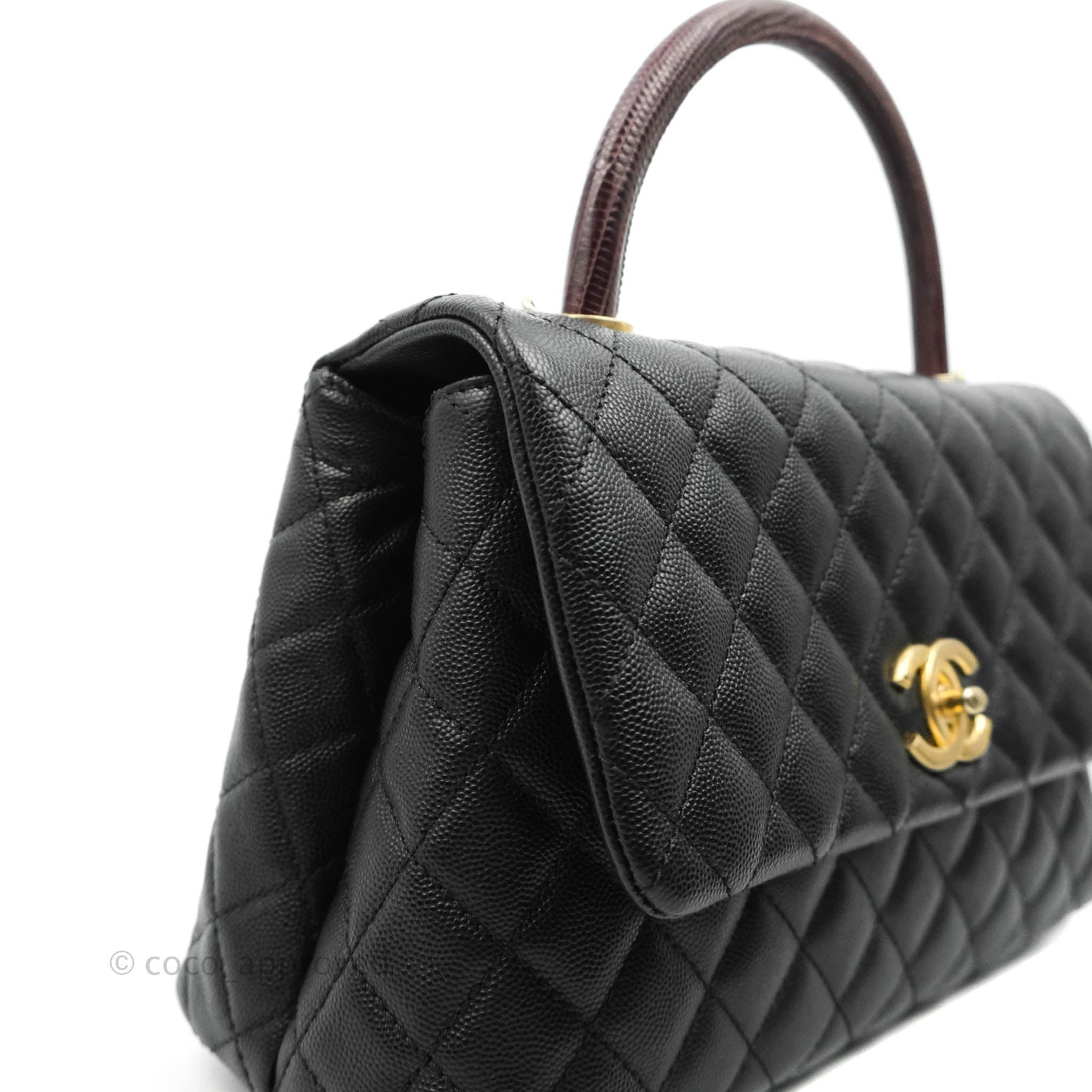 Chanel Medium Coco Handle Quilted Black Caviar Lizard Handle Gold Hardware
