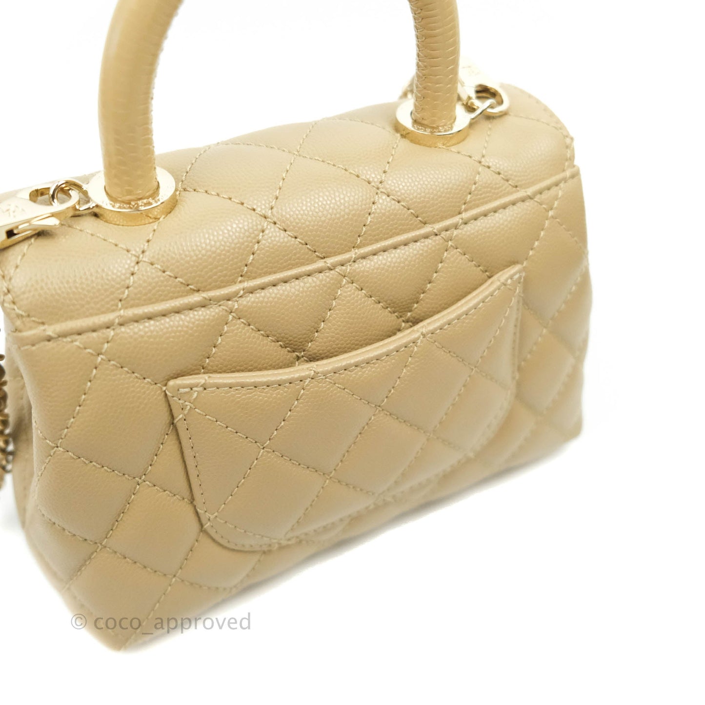 Chanel Mini Beige Coco Handle Quilted Caviar Gold Hardware Embossed Lizard Handle 21A