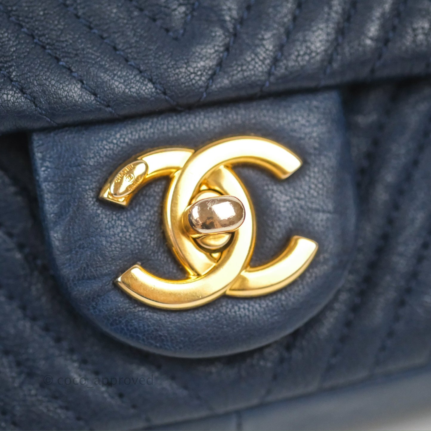 Chanel Small Chevron Surpique Flap Navy Calfskin Aged Gold Hardware