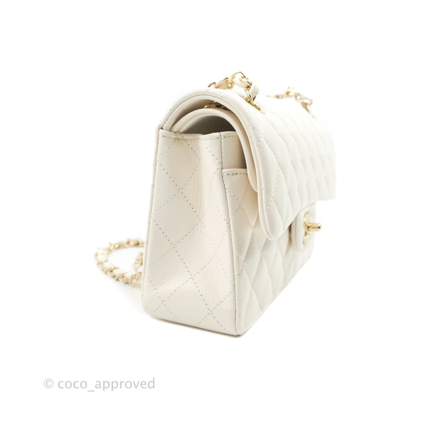 Chanel Small S/M Classic Quilted Flap White Caviar Gold Hardware 21S