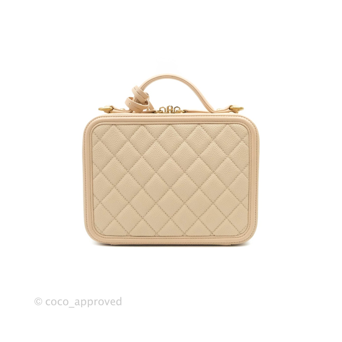 Chanel Quilted Medium CC Filigree Vanity Case Light Beige Caviar Aged Gold Hardware
