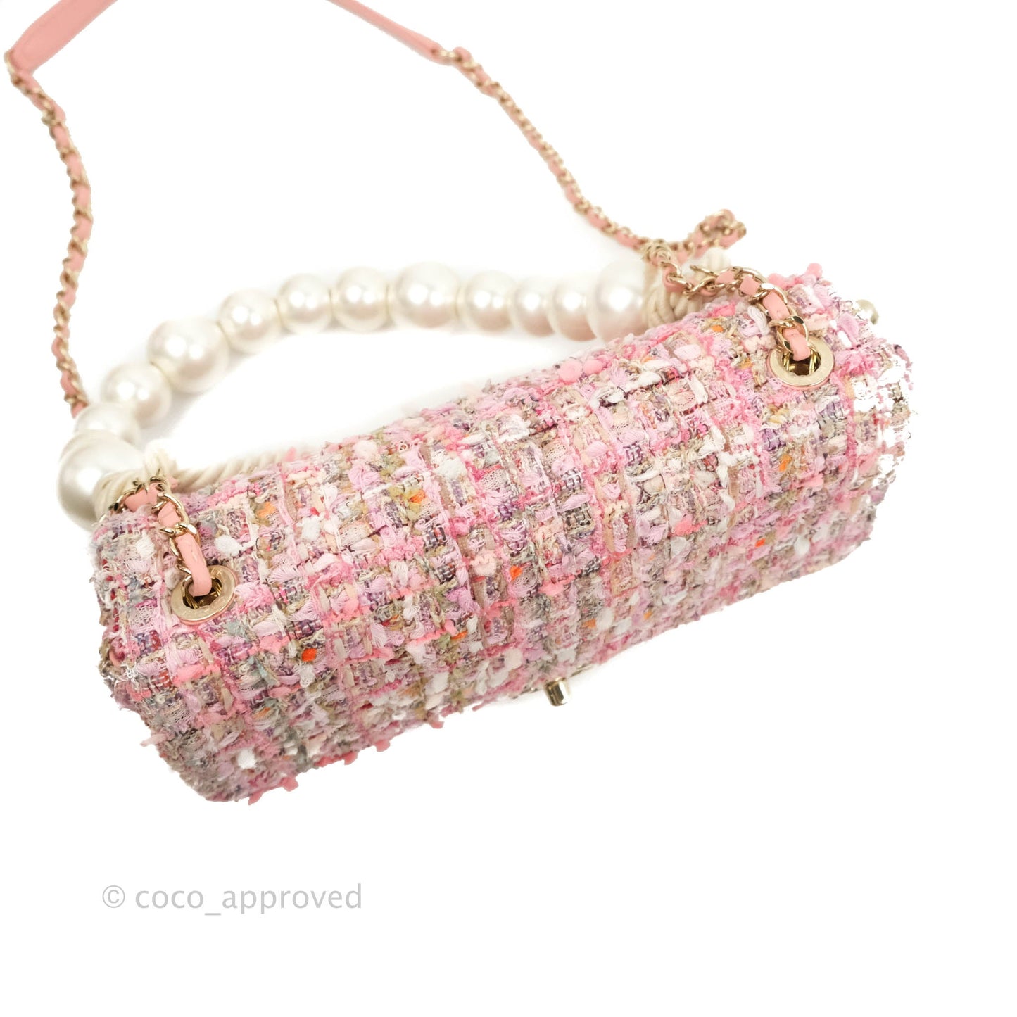 Chanel Medium Pink Tweed Flap Bag With Large Pearl Handle Gold Hardware