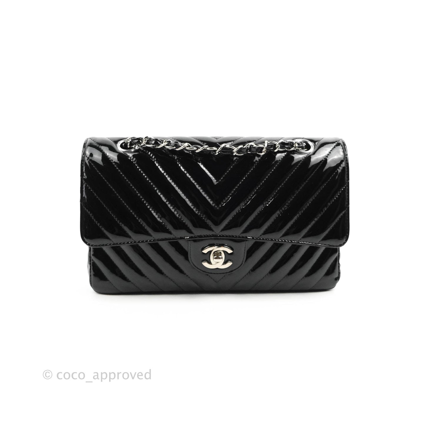 Chanel Classic M/L Medium Chevron Double Flap Black Patent Silver Hardware