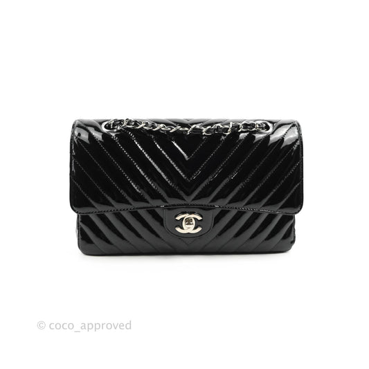Chanel Classic M/L Medium Chevron Double Flap Black Patent Silver Hardware