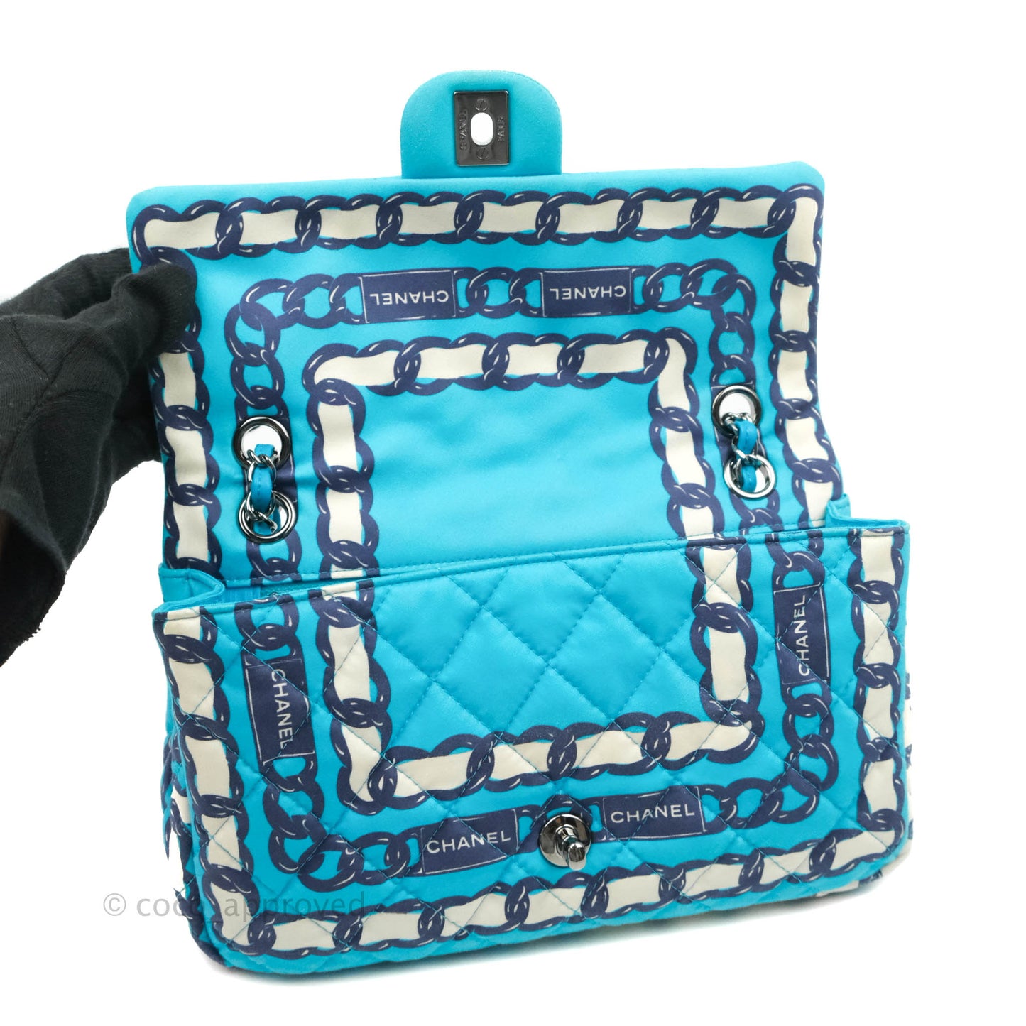 Chanel Medium Single Flap Chain Printed in Blue Silk Gun Metal