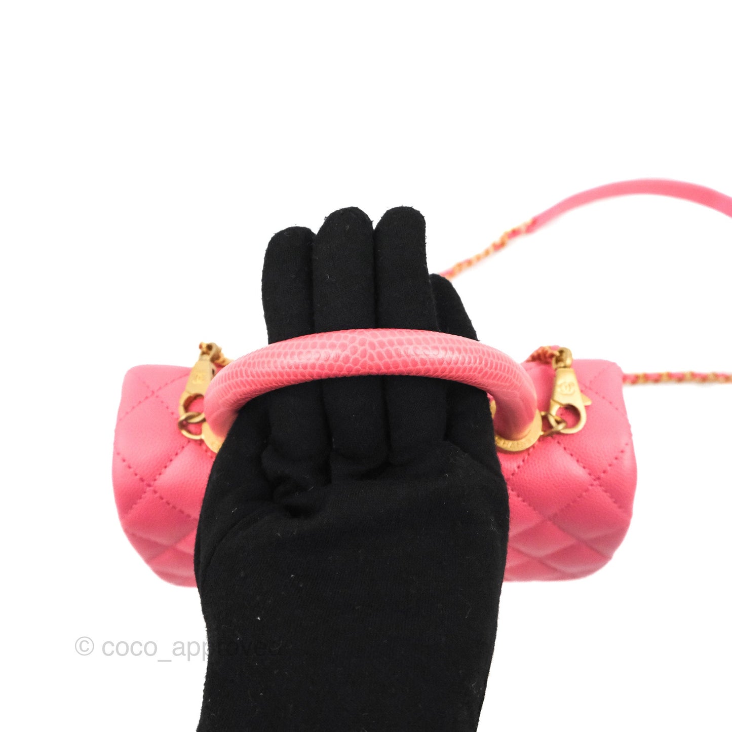 Chanel Small Coco Handle Quilted Pink Caviar Aged Gold Hardware Lizard Embossed Handle