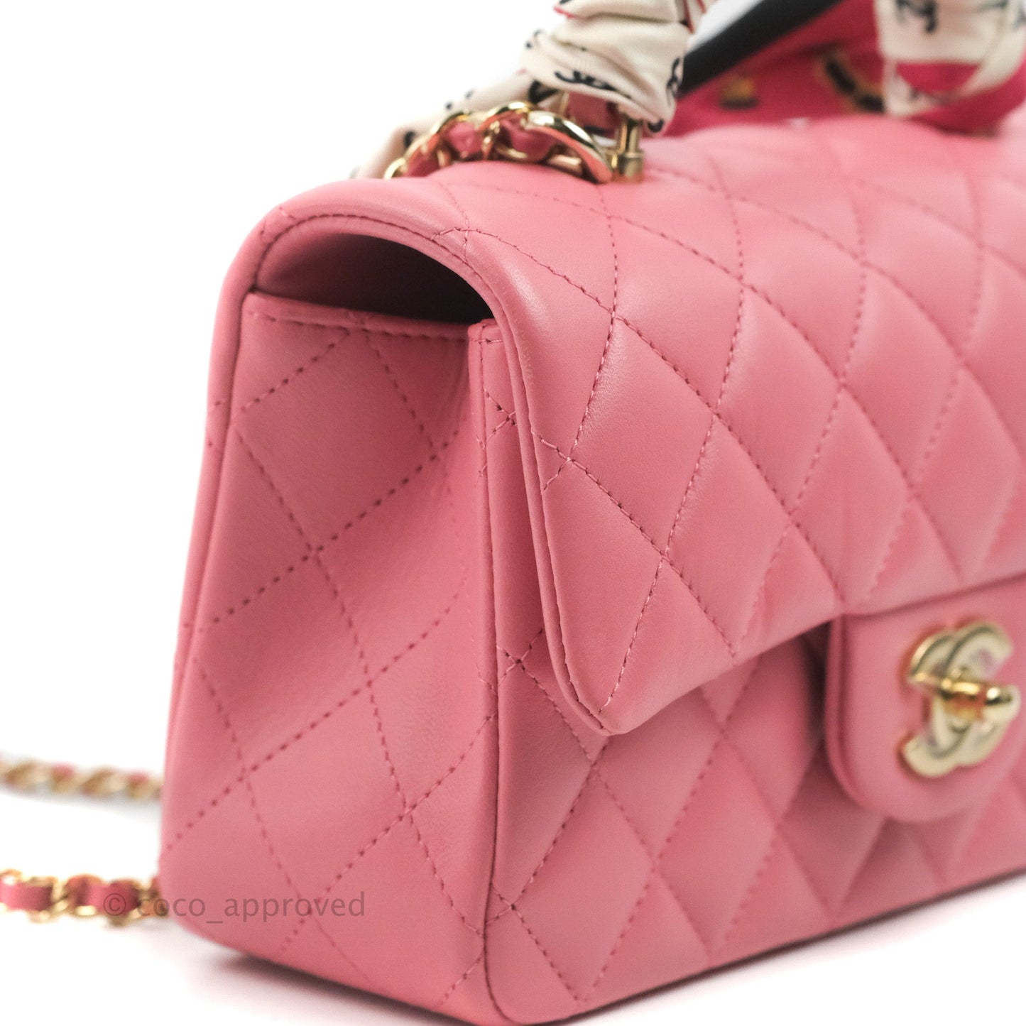 Chanel Top Handle Mini Rectangular Flap Bag Pink Lambskin Gold Hardware With Twilly