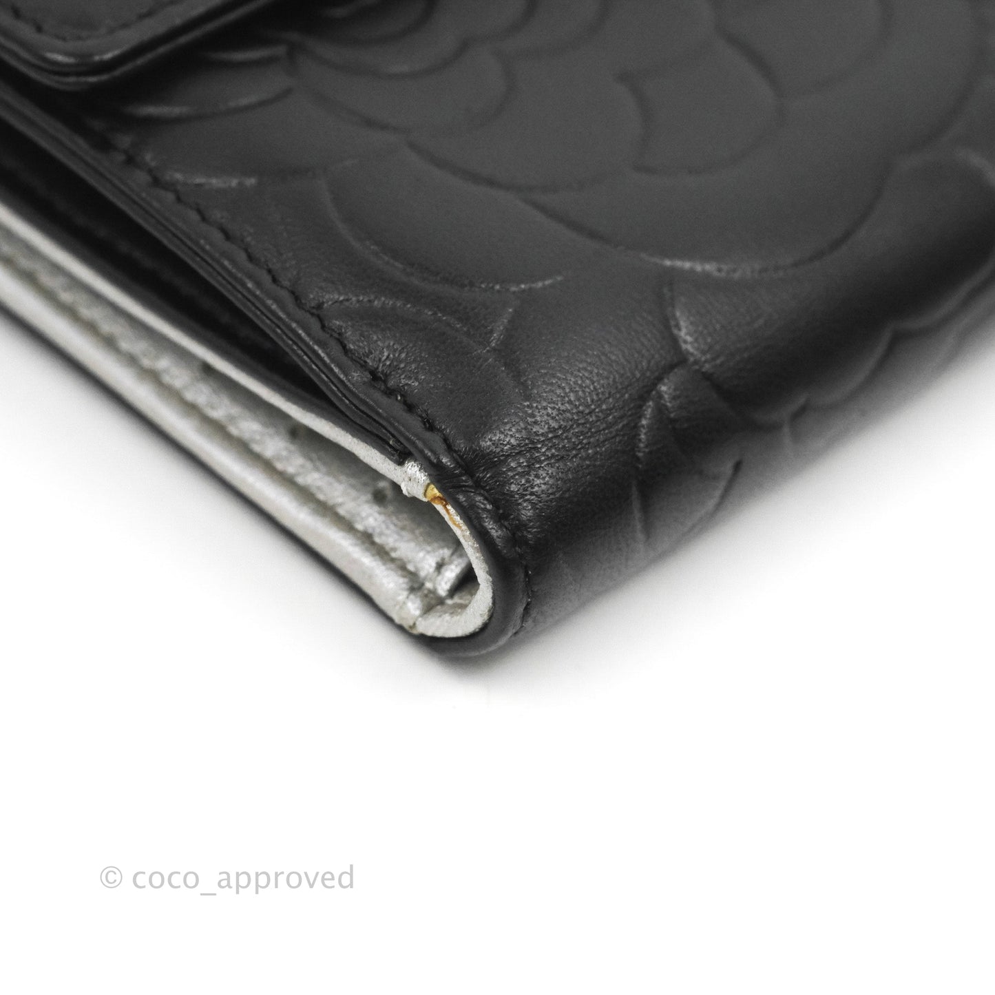 Chanel Camellia Embossed Tri-fold Short Wallet Black Lambskin Silver Hardware