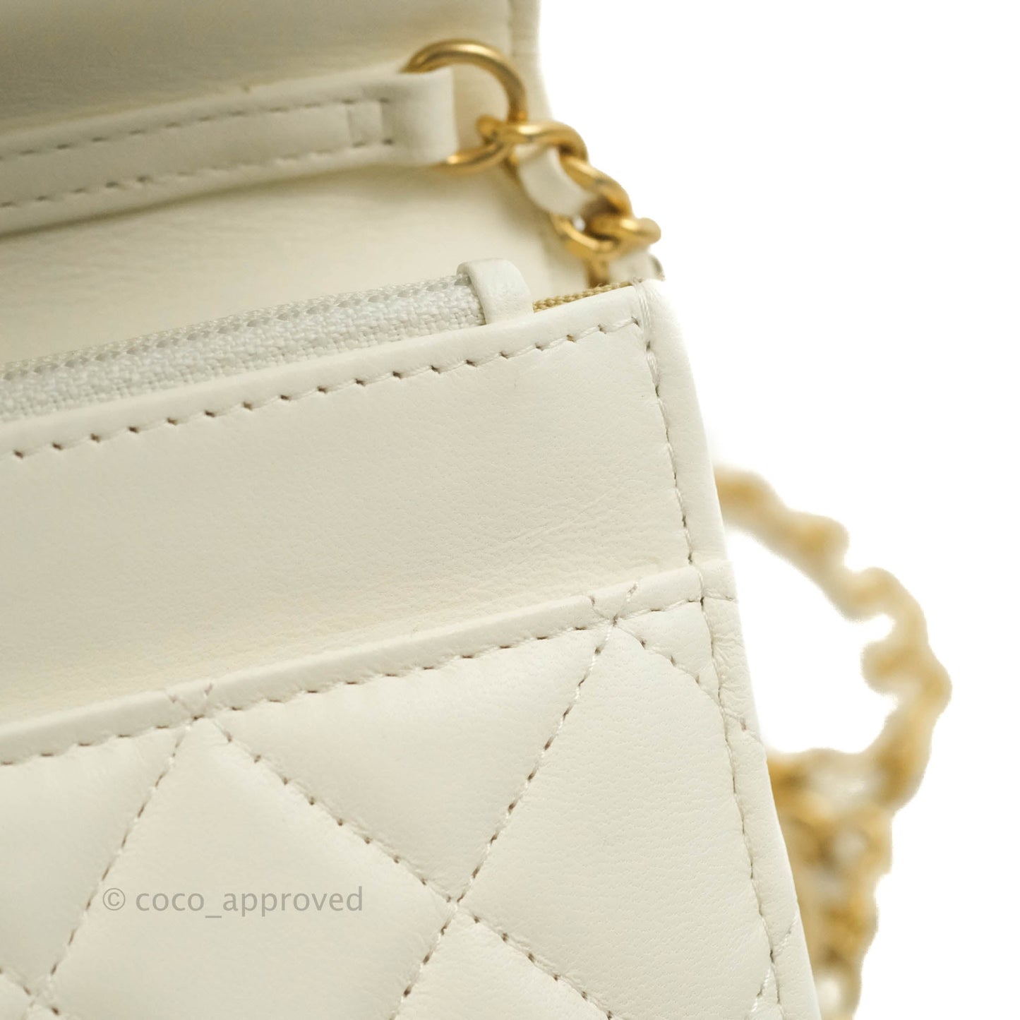 Chanel Quilted Pearl Crush Wallet on Chain WOC White Lambskin Aged Gold Hardware