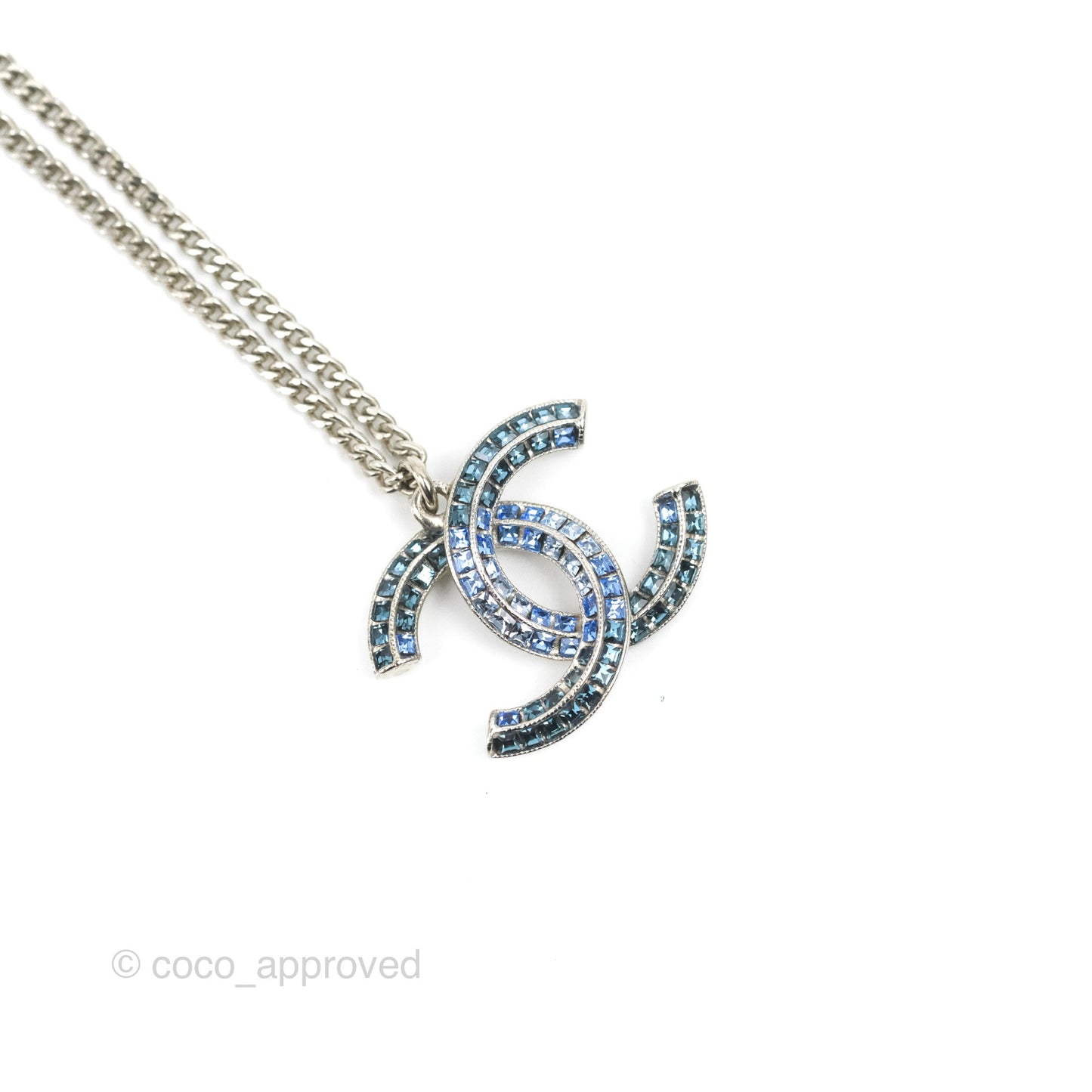 Chanel CC Blue Crystal Necklace Silver Tone 15P