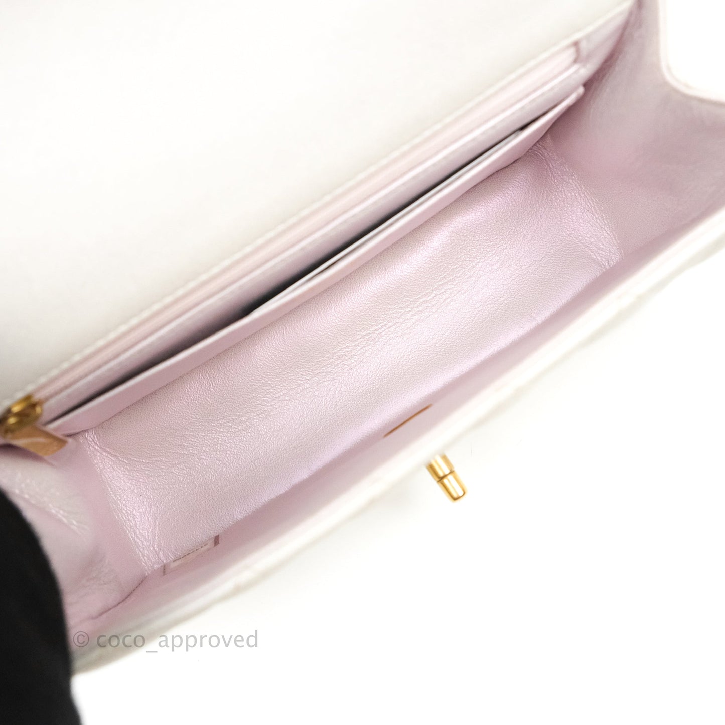 Chanel Top Handle Mini Rectangular Flap Bag Iridescent White Lambskin Aged Gold Hardware