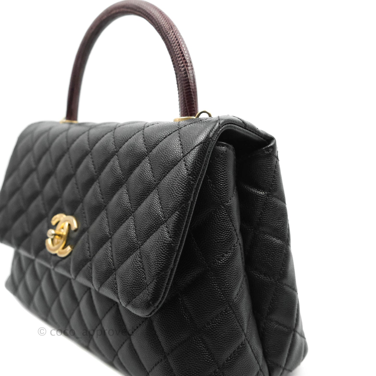 Chanel Medium Coco Handle Quilted Black Caviar Lizard Handle Gold Hardware