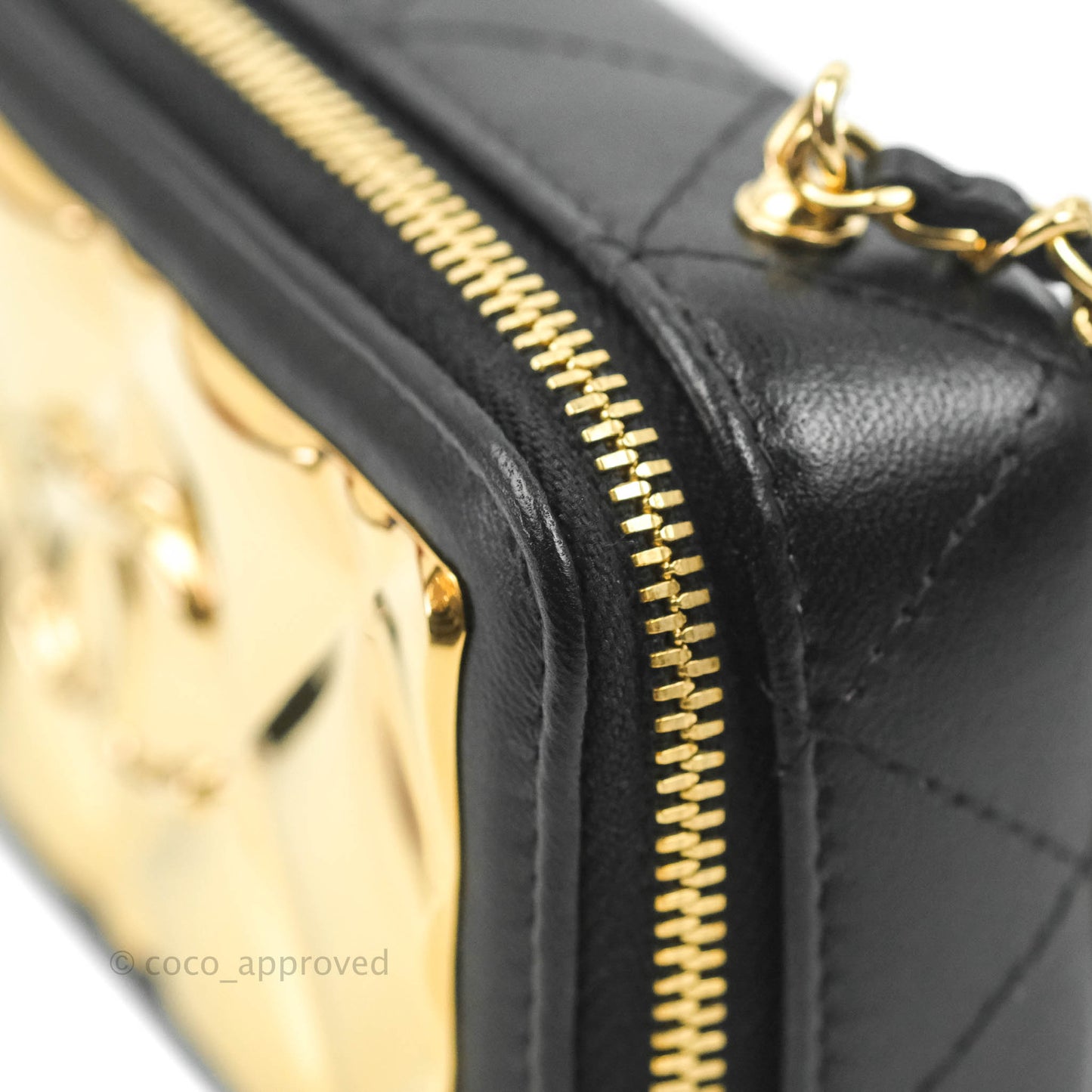 Chanel Metal Quilted Extra Mini Vanity Case With Chain Black Gold Lambskin