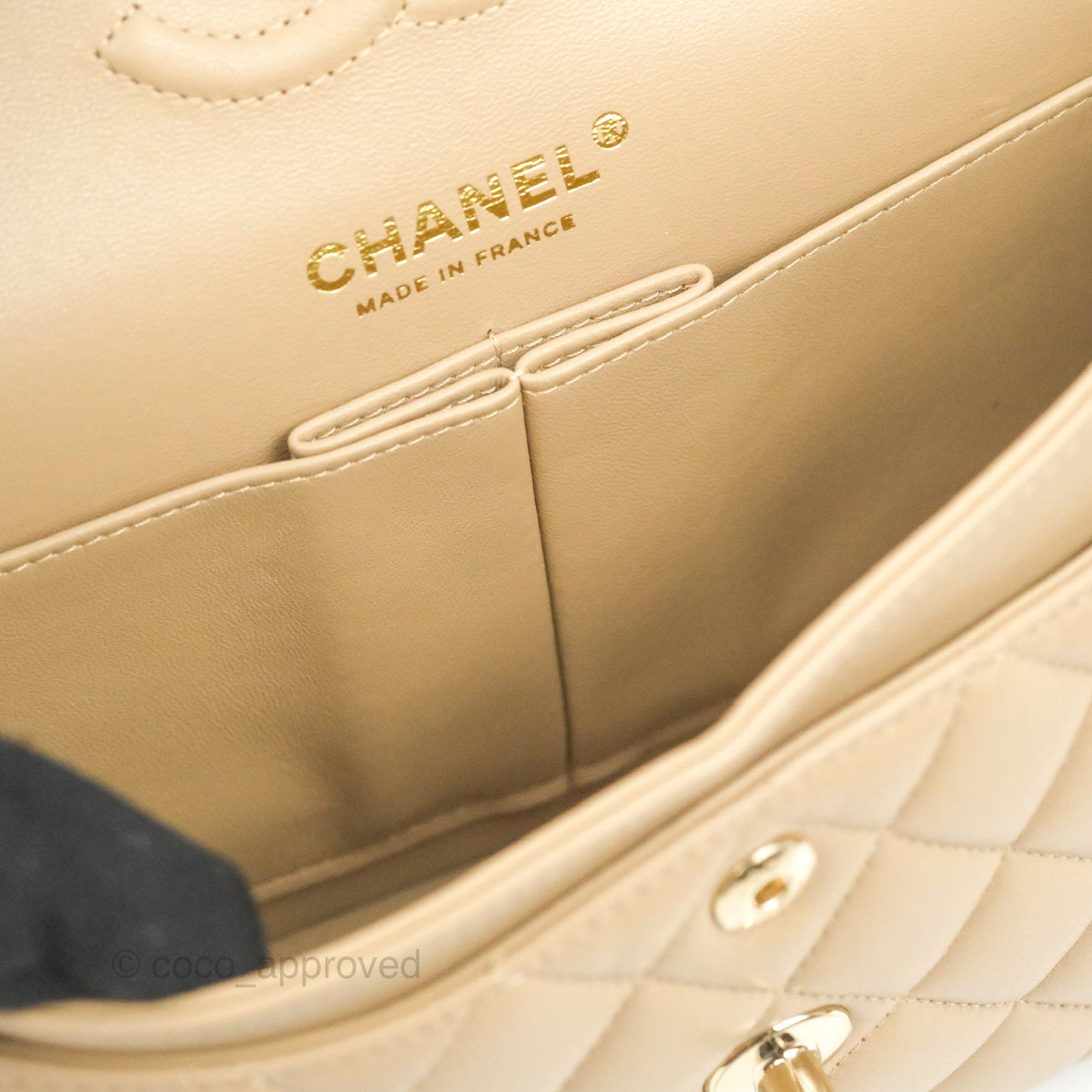 Chanel Small Classic Quilted Flap Dark Beige Lambskin Gold Hardware