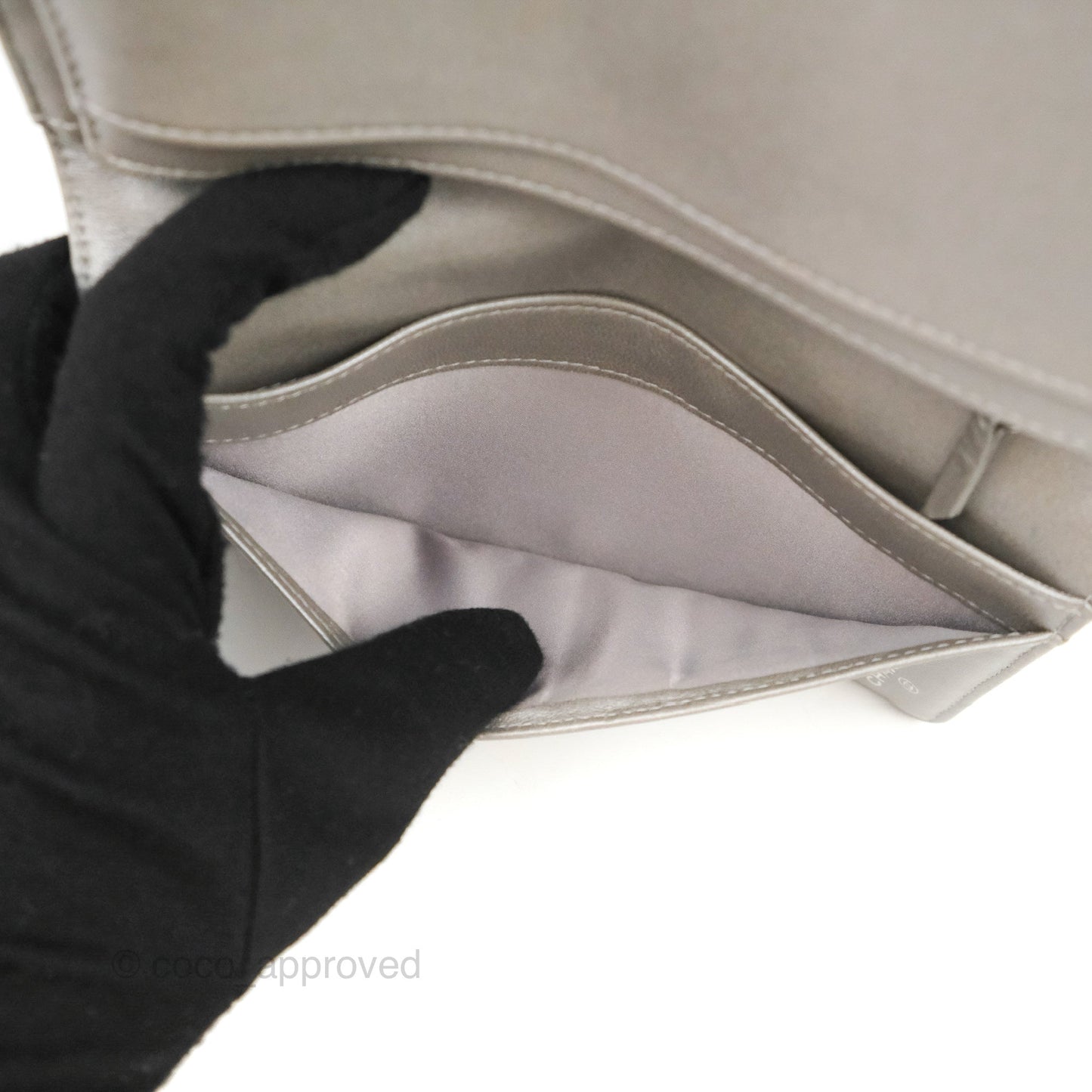 Chanel Yen Camellia Embossed Wallet Black Lambskin Silver Hardware