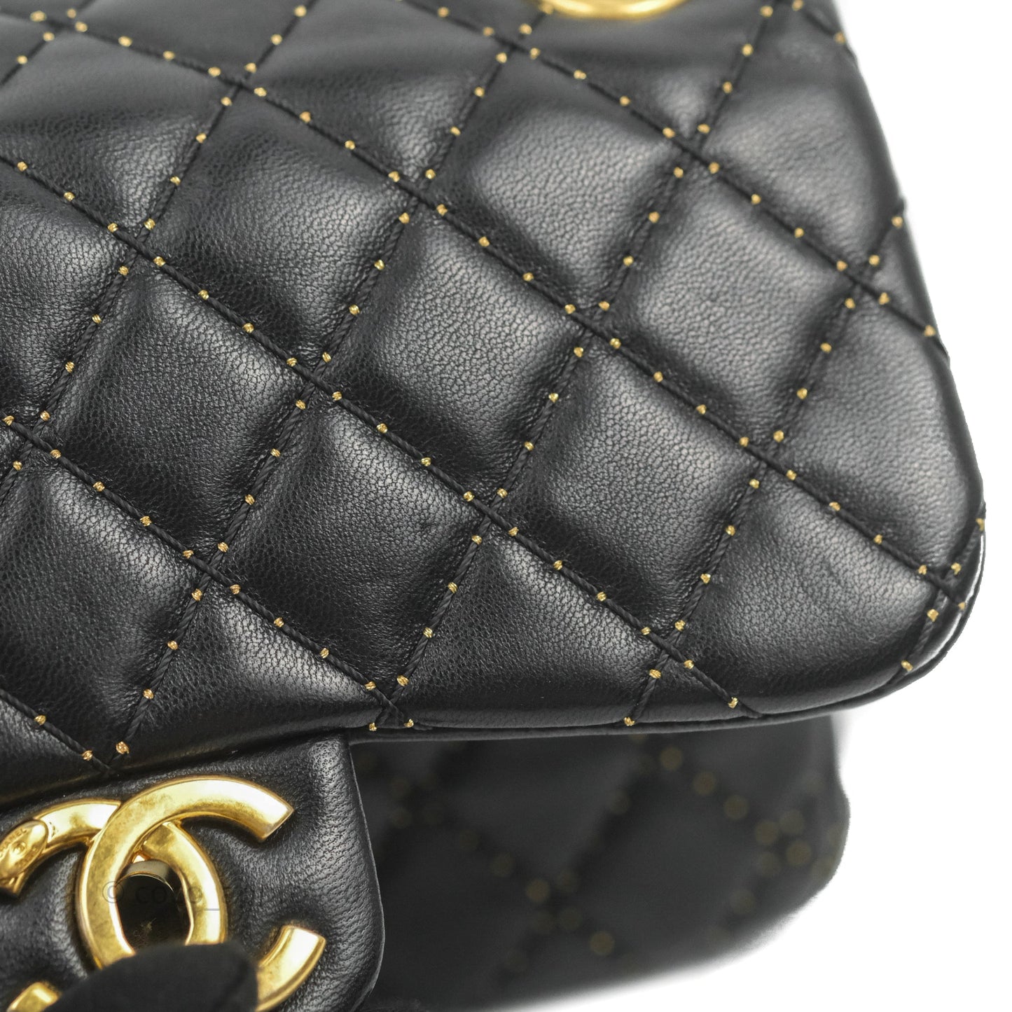 Chanel Quilted Stitched Flap Bag Lambskin Black Aged Gold Hardware 15A