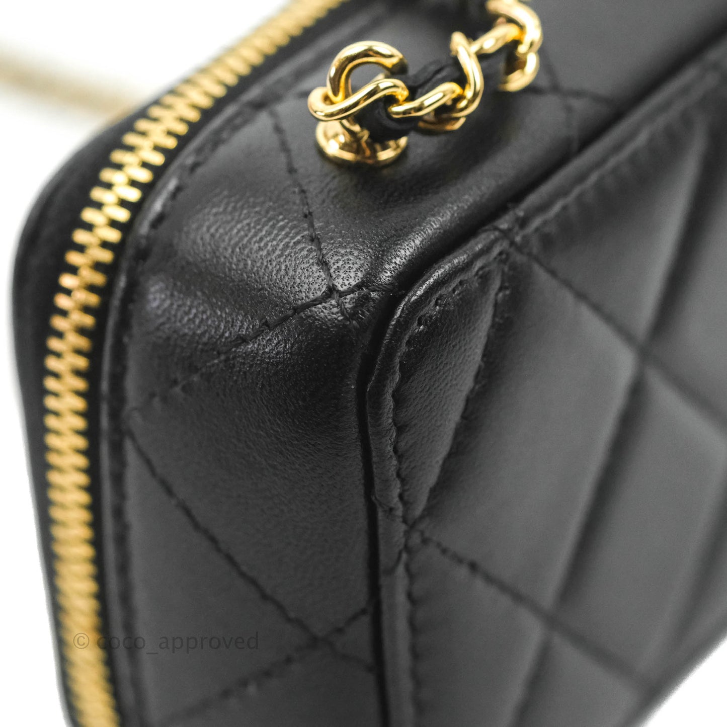 Chanel Metal Quilted Extra Mini Vanity Case With Chain Black Gold Lambskin