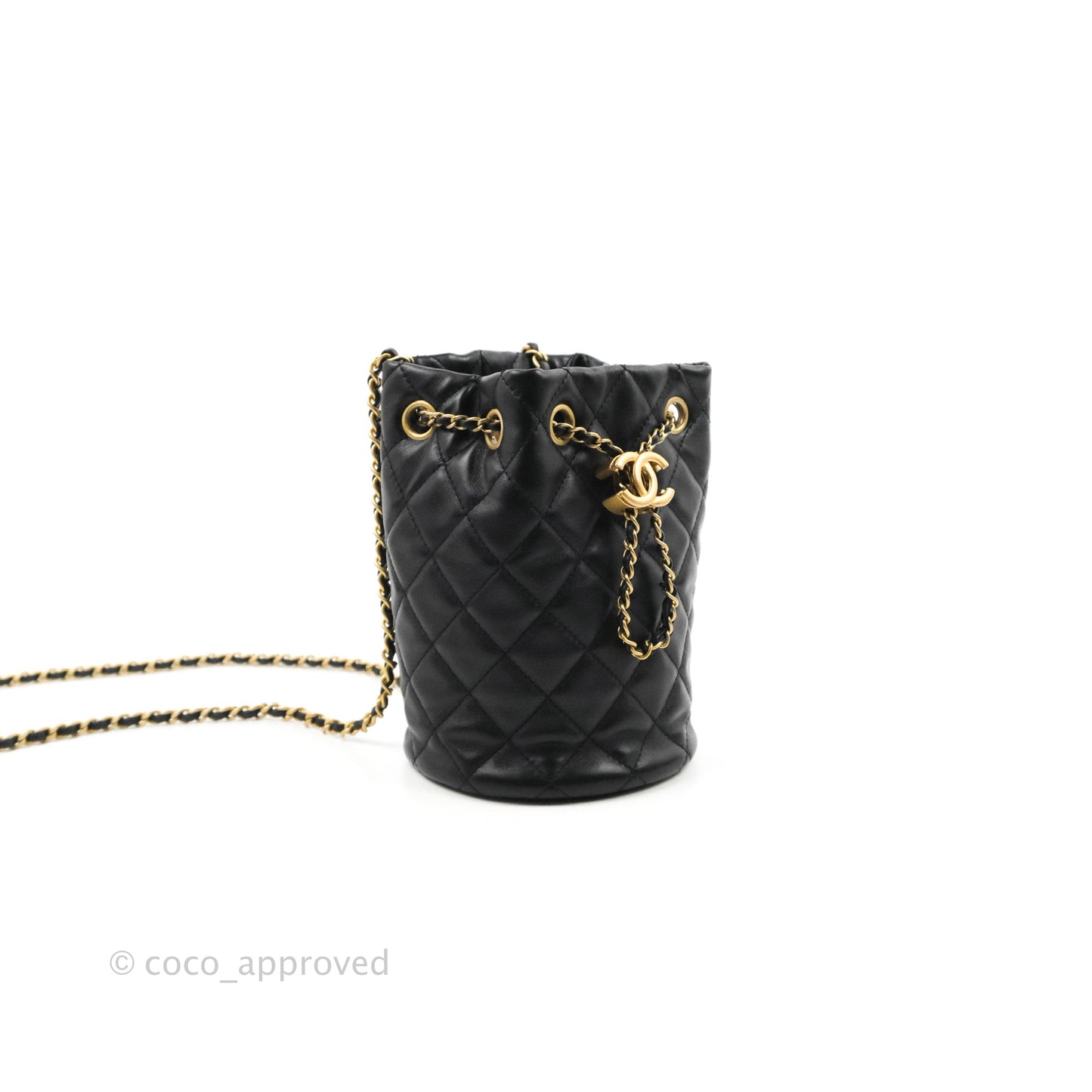 Chanel Pearl Crush Bucket Bag Black Lambskin Aged Gold Hardware 22S
