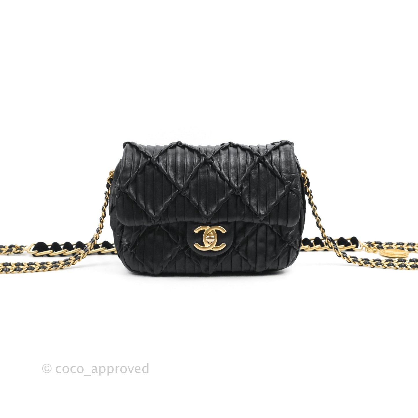 Chanel Small Coin Charm Flap Velvet Strap Black Lambskin Aged Gold Hardware