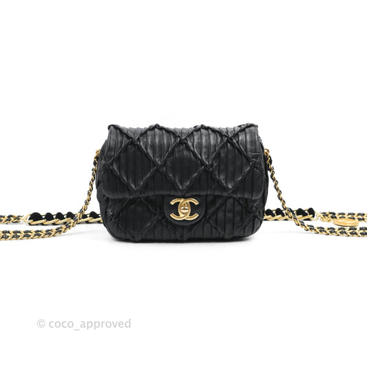 Chanel Small Coin Charm Flap Velvet Strap Black Lambskin Aged Gold Hardware