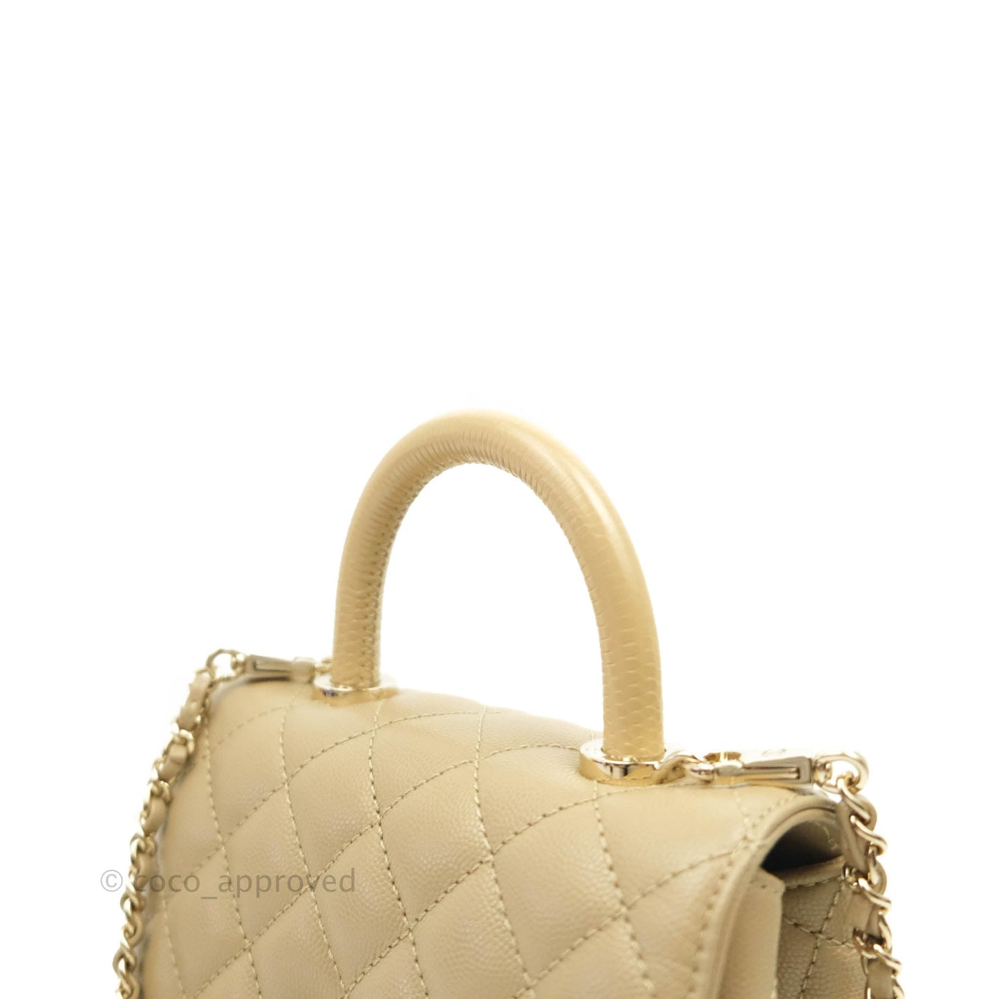 Chanel Mini Beige Coco Handle Quilted Caviar Gold Hardware Embossed Lizard Handle 21A