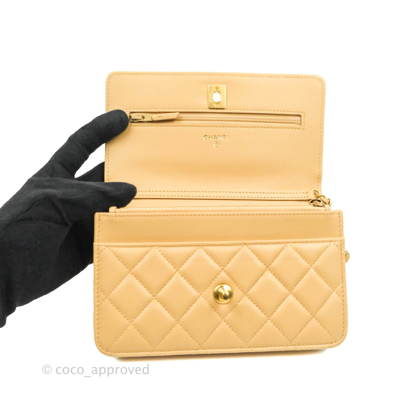 Chanel Quilted Pearl Crush Wallet on Chain WOC Beige Lambskin Aged Gold Hardware