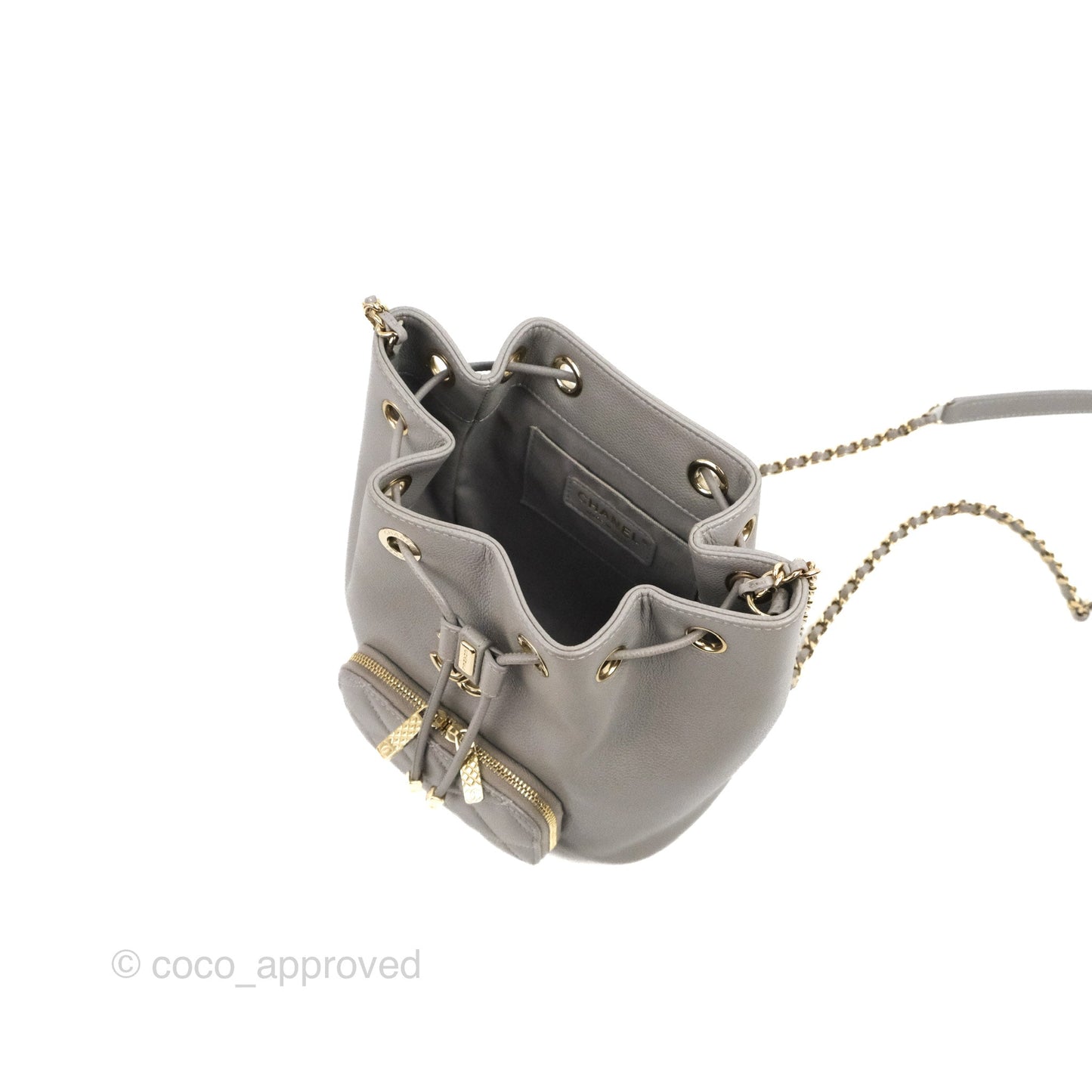 Chanel Business Affinity Drawstring Bucket Bag Grey Caviar Gold Hardware
