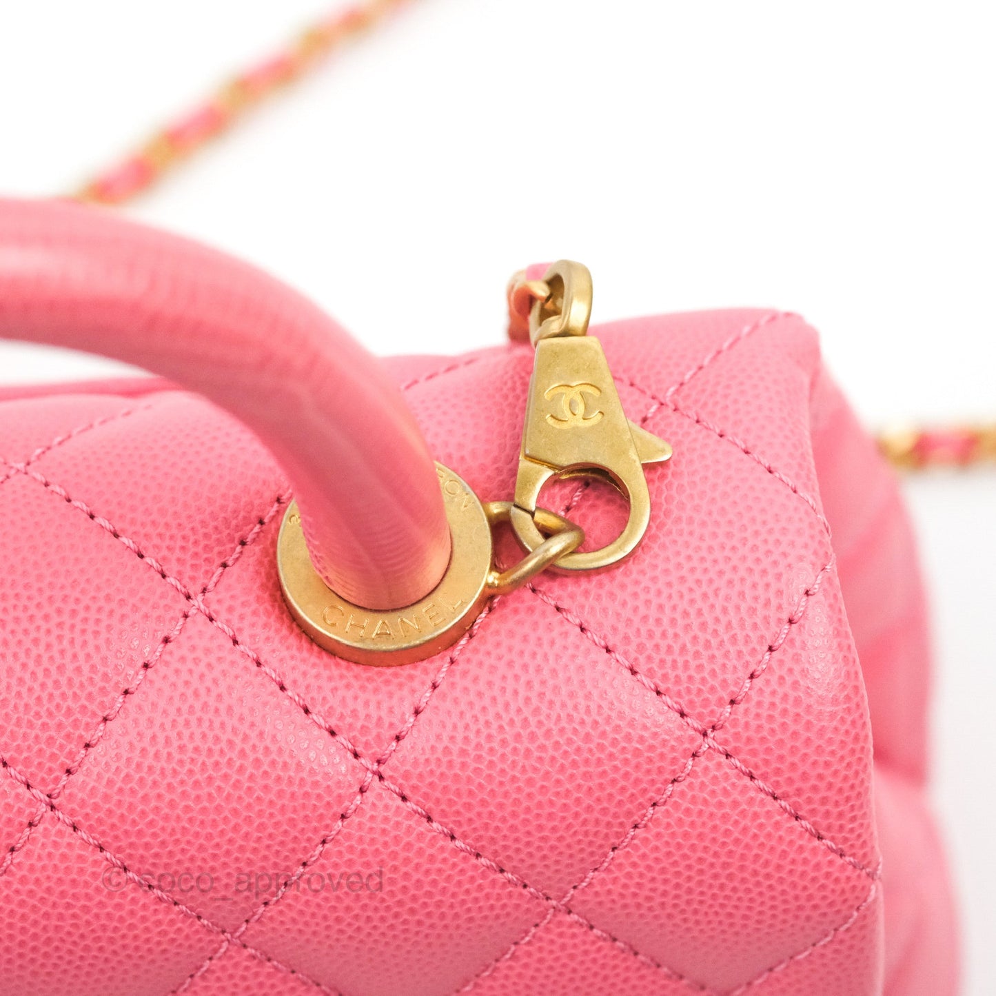 Chanel Small Coco Handle Quilted Pink Caviar Aged Gold Hardware Lizard Embossed Handle